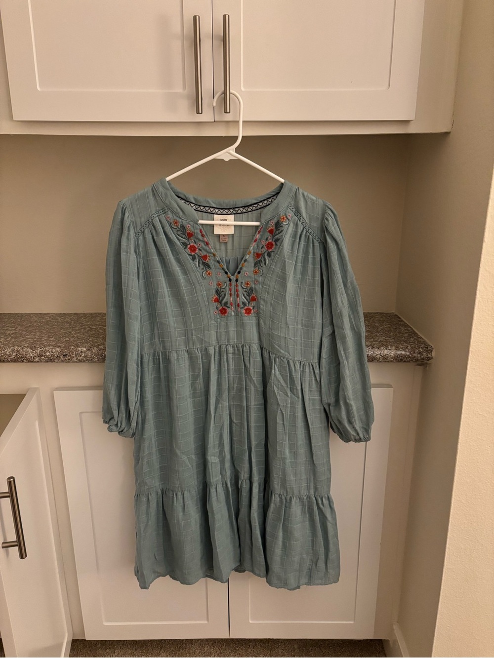 Knox Rose Light blue Tiered Dress with Floral Embroidery